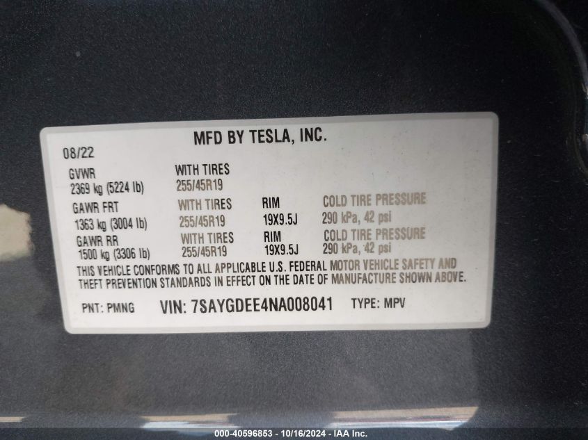 2022 Tesla Model Y Long Range Dual Motor All-Wheel Drive VIN: 7SAYGDEE4NA008041 Lot: 40596853