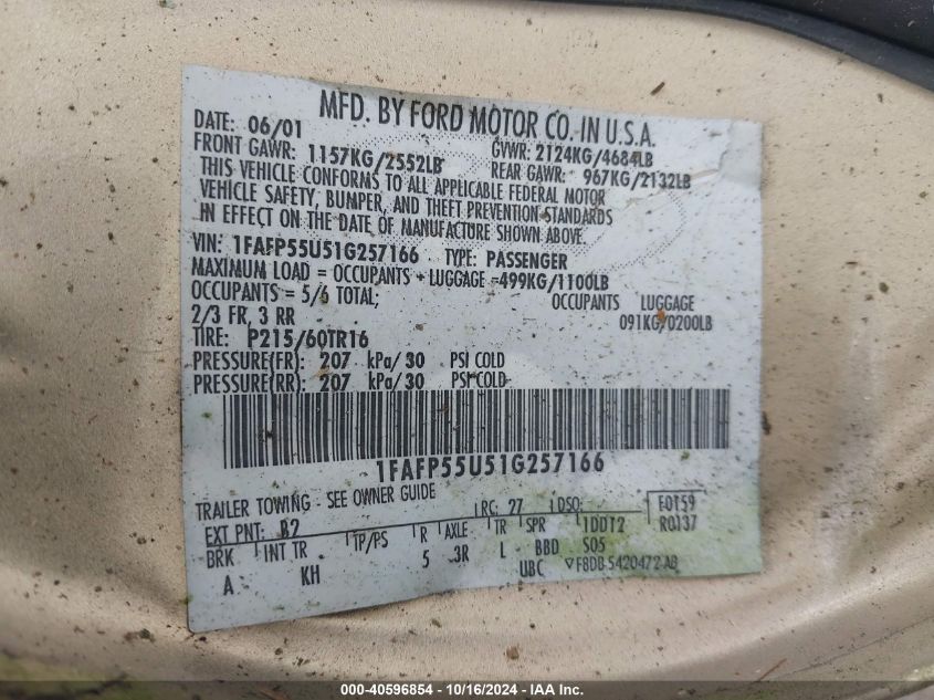 2001 Ford Taurus Ses VIN: 1FAFP55U51G257166 Lot: 40596854