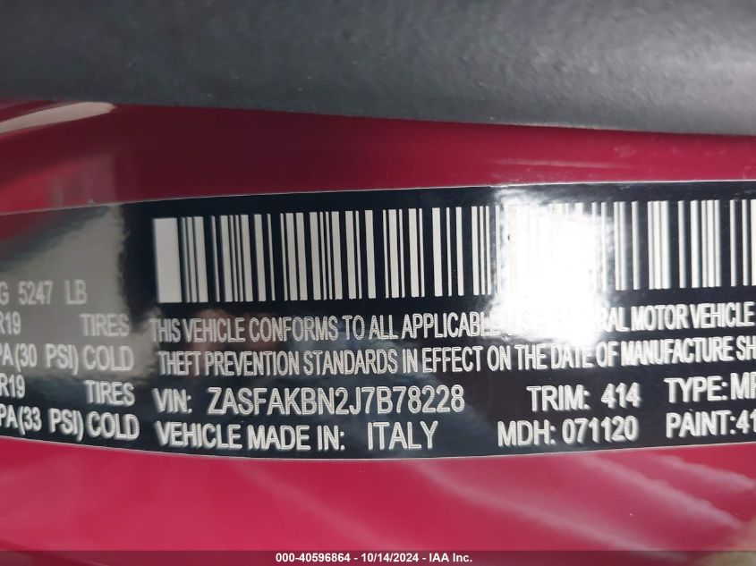 2018 Alfa Romeo Stelvio Ti Awd VIN: ZASFAKBN2J7878228 Lot: 40596864