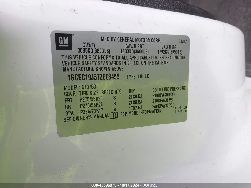 2007 Chevrolet Silverado C1500 VIN: 1GCEC19J57Z608455 Lot: 40596875