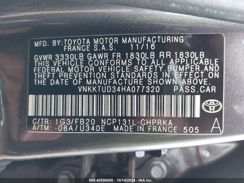 VIN VNKKTUD34HA077320 2017 TOYOTA YARIS LE