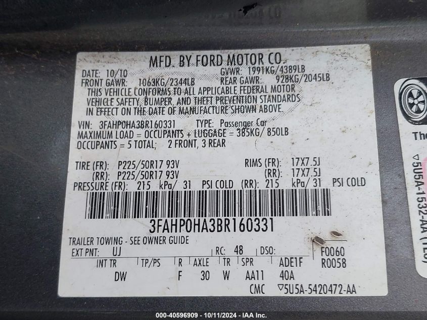 3FAHP0HA3BR160331 2011 Ford Fusion Se