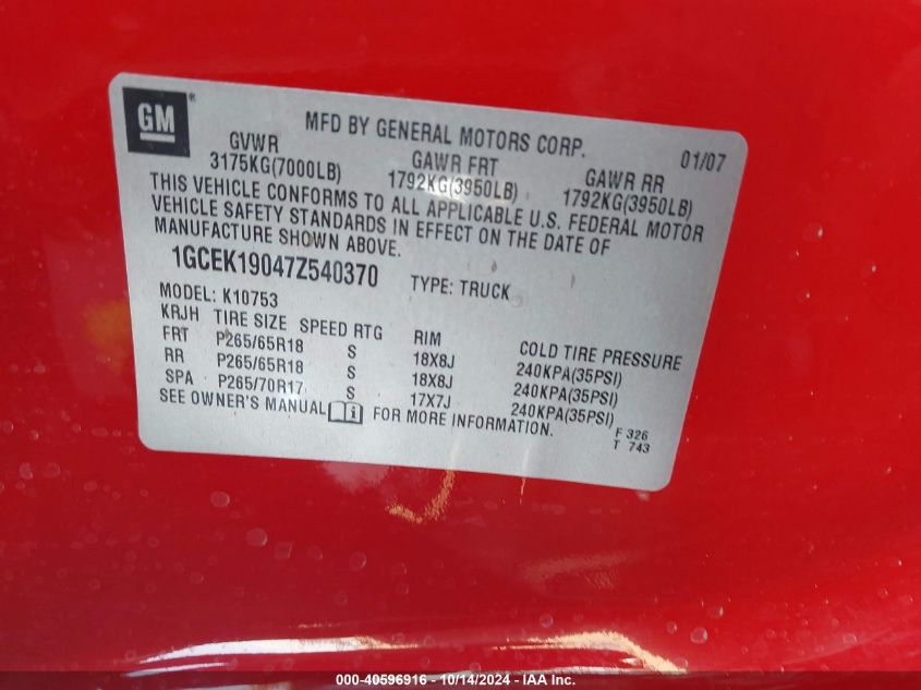 2007 Chevrolet Silverado 1500 Ltz VIN: 1GCEK19047Z540370 Lot: 40596916