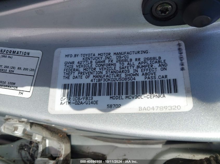 4T1BF30K02U508504 2002 Toyota Camry Le V6