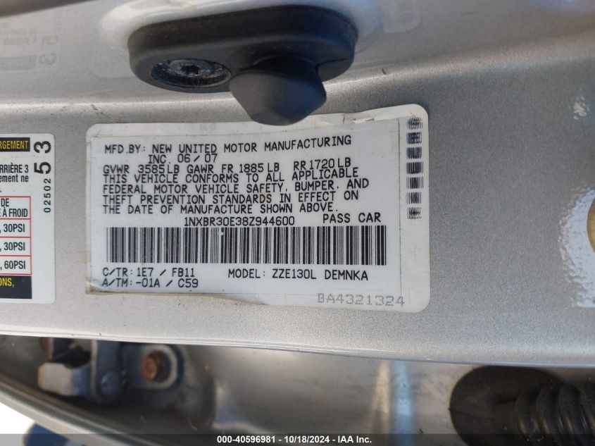 2008 Toyota Corolla Ce/Le/S VIN: 1NXBR30E38Z944600 Lot: 40596981