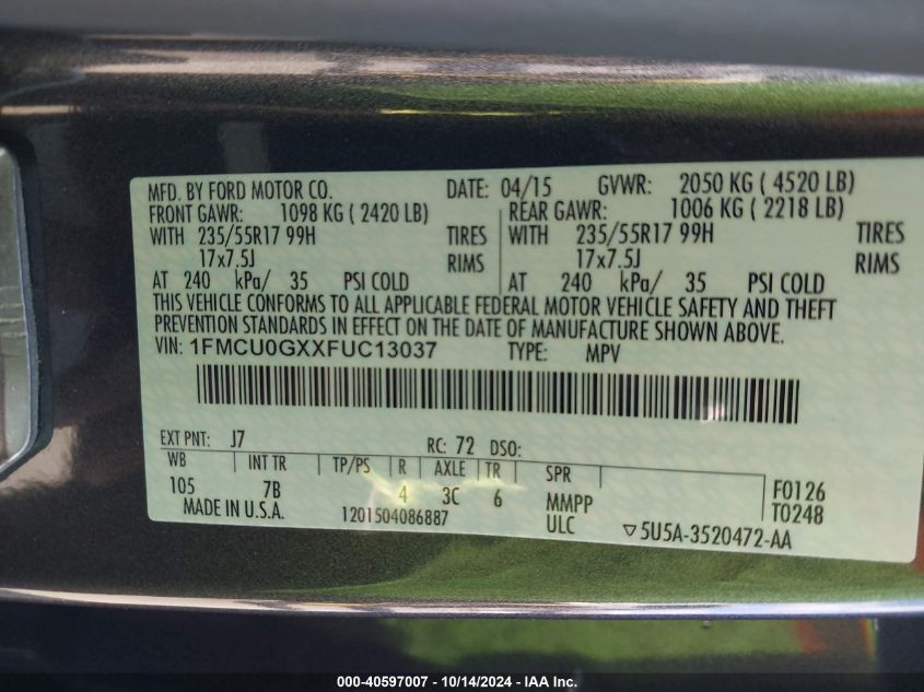 2015 Ford Escape Se VIN: 1FMCU0GXXFUC13037 Lot: 40597007