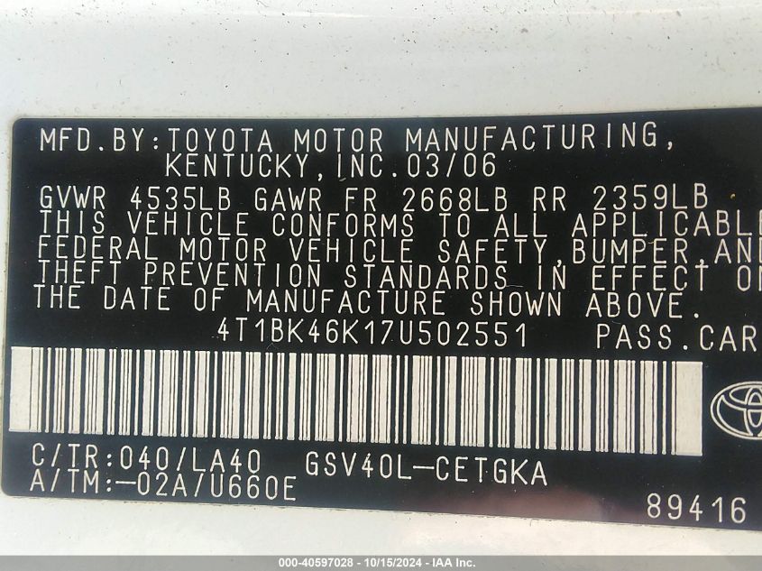 2007 Toyota Camry Xle V6 VIN: 4T1BK46K17U502551 Lot: 40597028