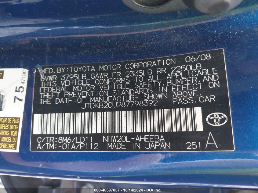 2008 Toyota Prius VIN: JTDKB20U287798392 Lot: 40597057