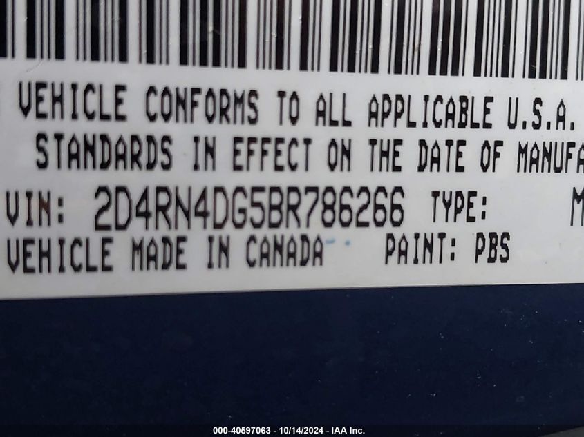 2011 Dodge Grand Caravan Express VIN: 2D4RN4DG5BR786266 Lot: 40597063