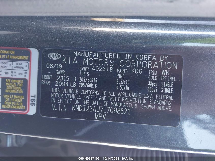 2020 Kia Soul Lx VIN: KNDJ23AU7L7098621 Lot: 40597103