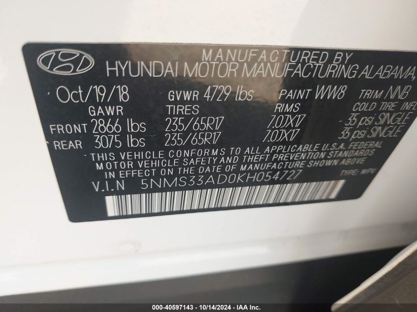 2019 Hyundai Santa Fe Sel VIN: 5NMS33AD0KH054727 Lot: 40597143