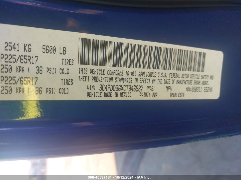 2012 Dodge Journey Sxt VIN: 3C4PDDBGXCT346987 Lot: 40597161