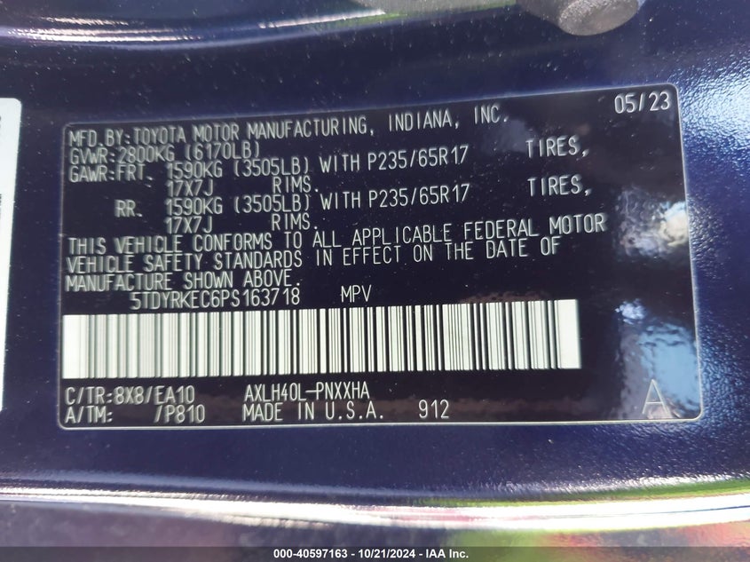 VIN 5TDYRKEC6PS163718 2023 TOYOTA SIENNA XLE