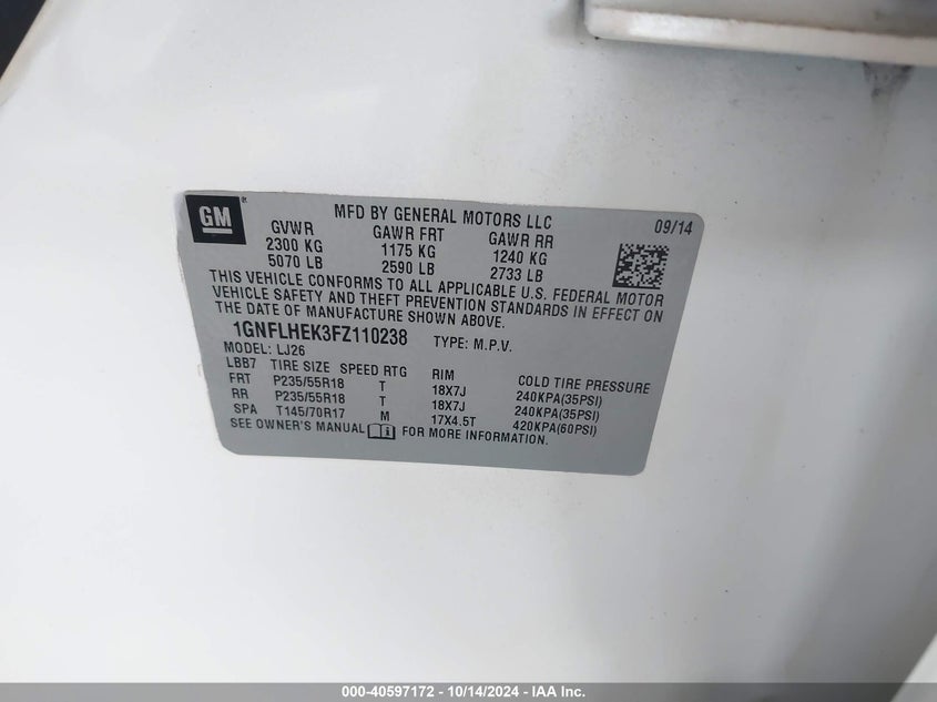 2015 CHEVROLET EQUINOX VIN: 1GNFLHEK3FZ110238