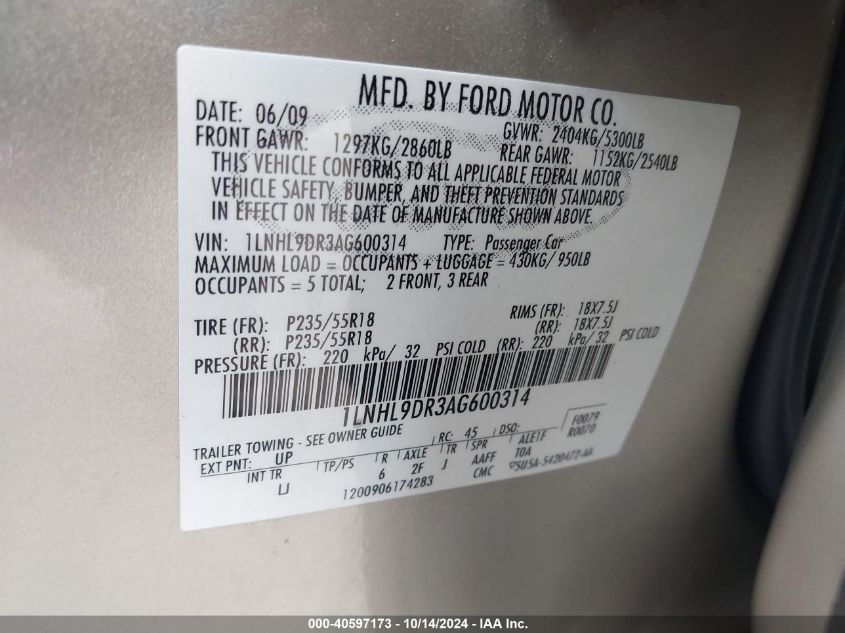 2010 Lincoln Mks VIN: 1LNHL9DR3AG600314 Lot: 40597173