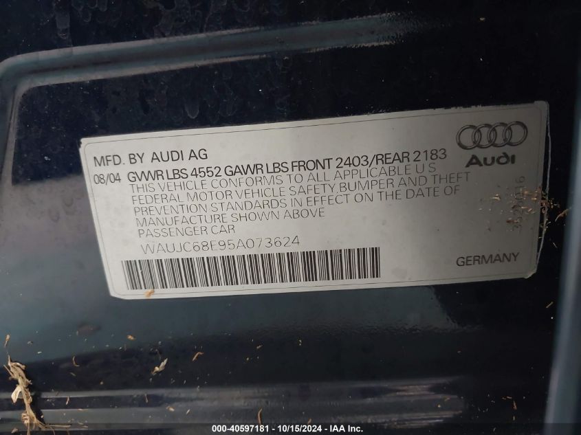 2005 Audi A4 1.8T VIN: WAUJC68E95A073624 Lot: 40597181