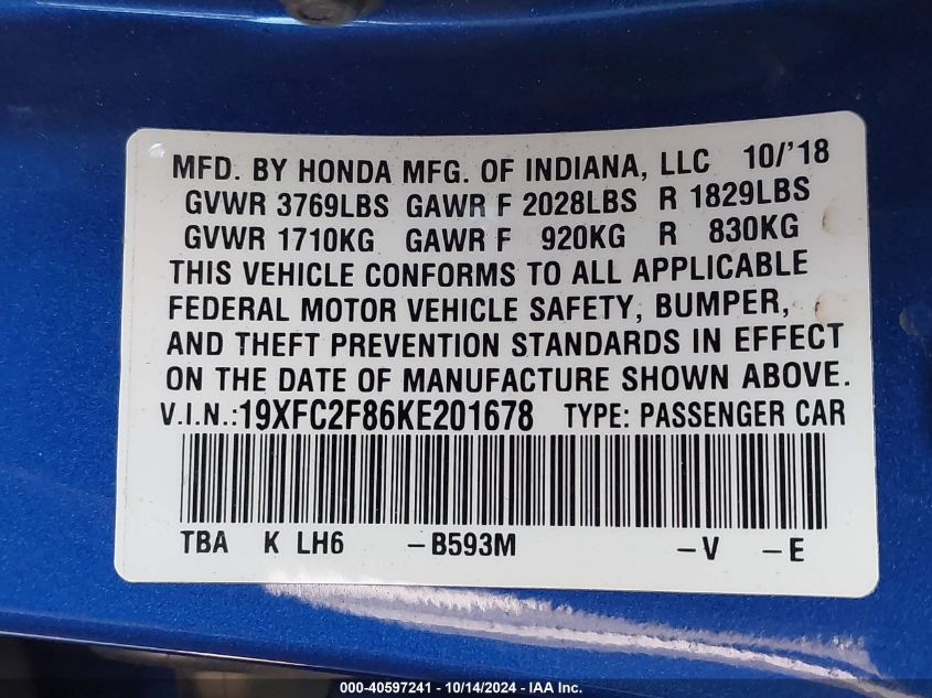 2019 Honda Civic Sport VIN: 19XFC2F86KE201678 Lot: 40597241