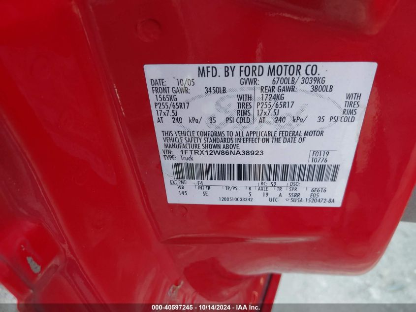 2006 Ford F-150 Stx/Xl/Xlt VIN: 1FTRX12W86NA38923 Lot: 40597245