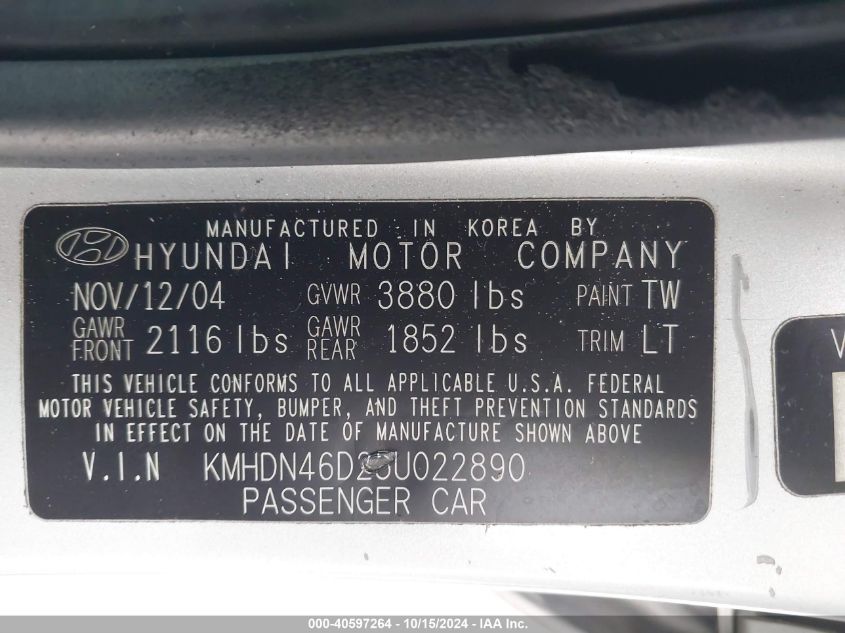 2005 Hyundai Elantra Gls/Gt VIN: KMHDN46D25U022890 Lot: 40597264