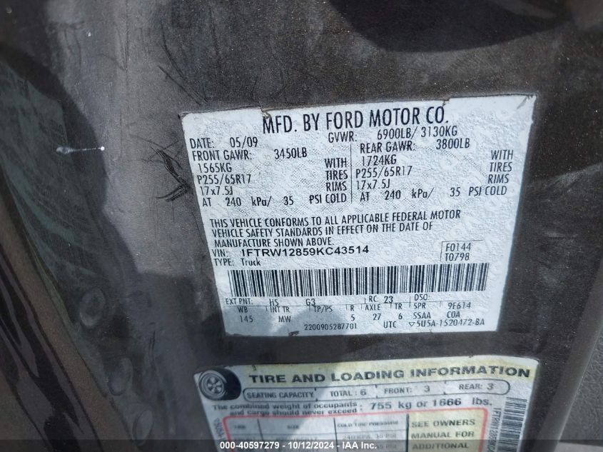 2009 Ford F-150 Xl/Xlt VIN: 1FTRW12859KC43514 Lot: 40597279