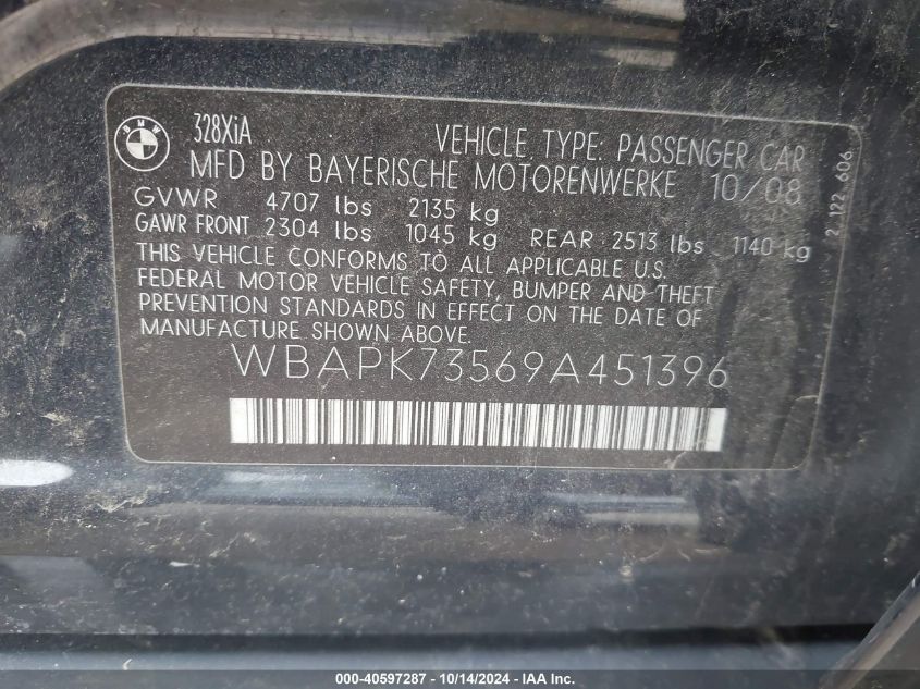 2009 BMW 328I xDrive VIN: WBAPK73569A451396 Lot: 40597287