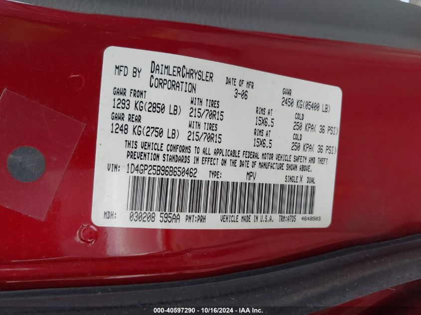 2006 Dodge Caravan Se VIN: 1D4GP25B96B650462 Lot: 40597290