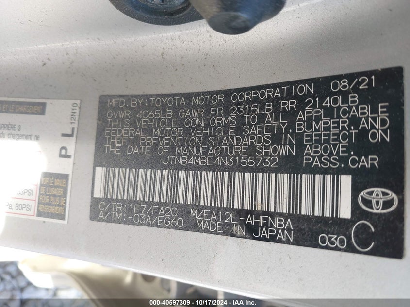 2022 TOYOTA COROLLA VIN: JTNB4MBE4N3155732