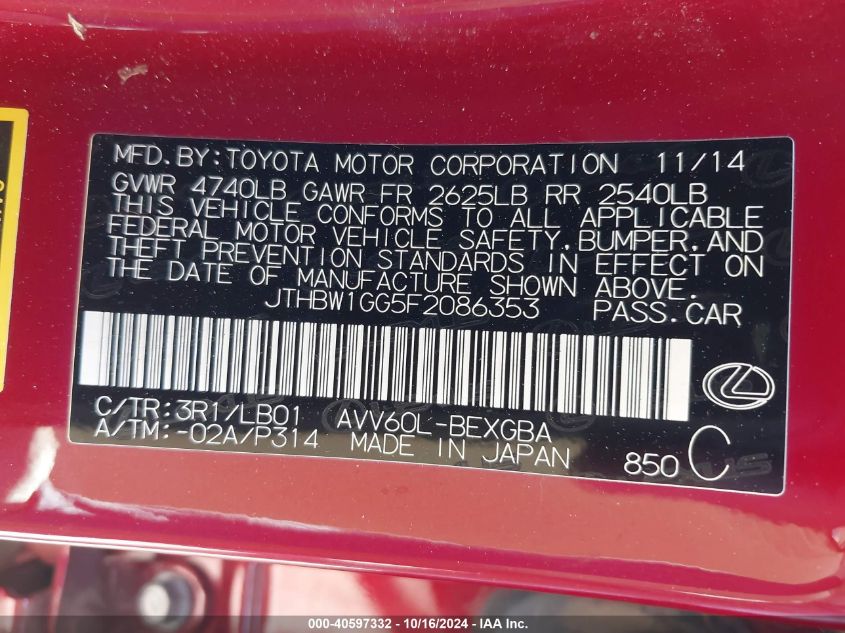 2015 Lexus Es 300H VIN: JTHBW1GG5F2086353 Lot: 40597332