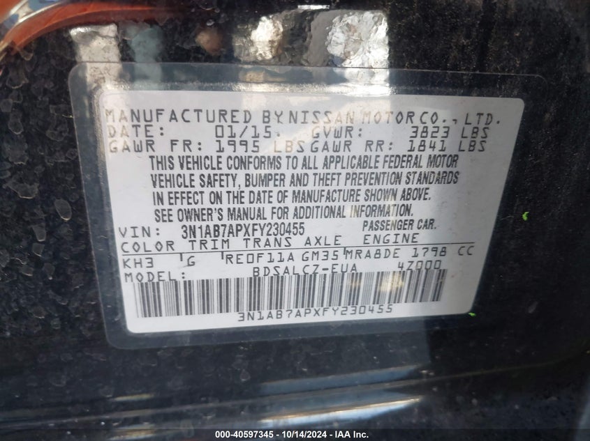 2015 Nissan Sentra S VIN: 3N1AB7APXFY230455 Lot: 40597345