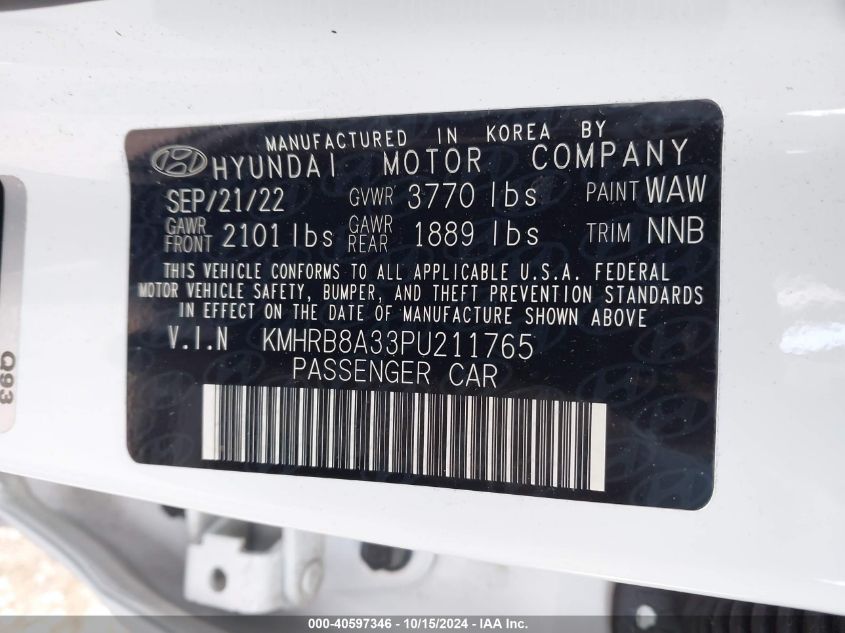 2023 Hyundai Venue Se VIN: KMHRB8A33PU211765 Lot: 40597346