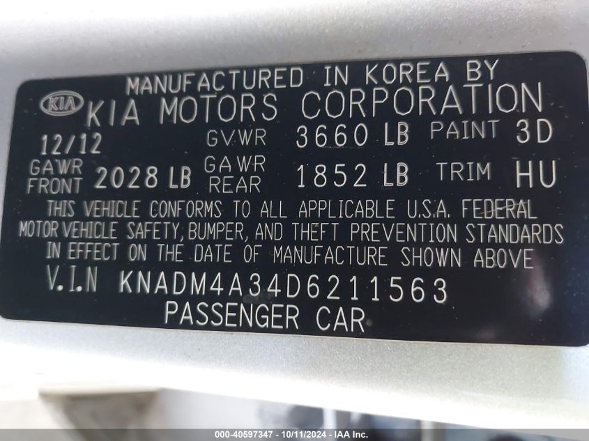 KNADM4A34D6211563 2013 Kia Rio Lx