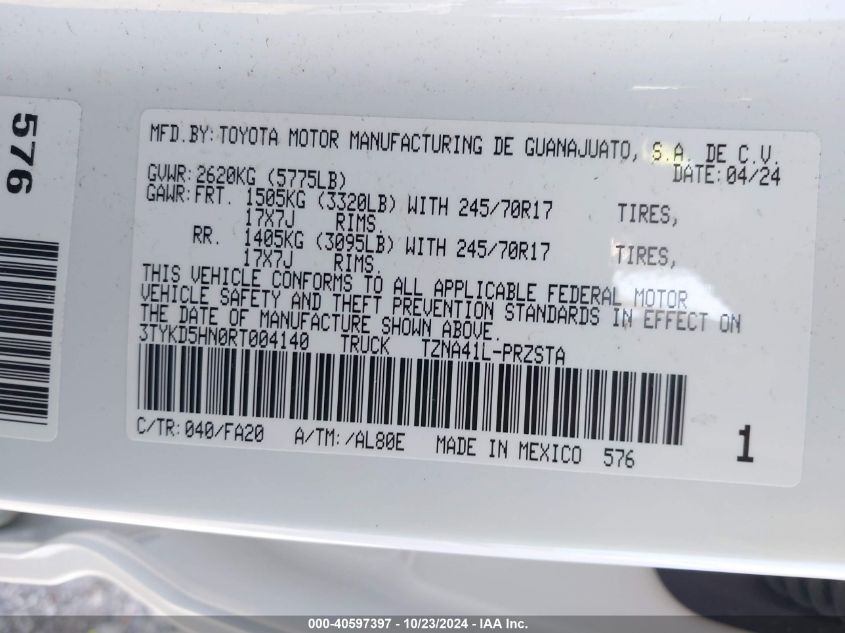 2024 Toyota Tacoma Sr VIN: 3TYKD5HN0RT004140 Lot: 40597397