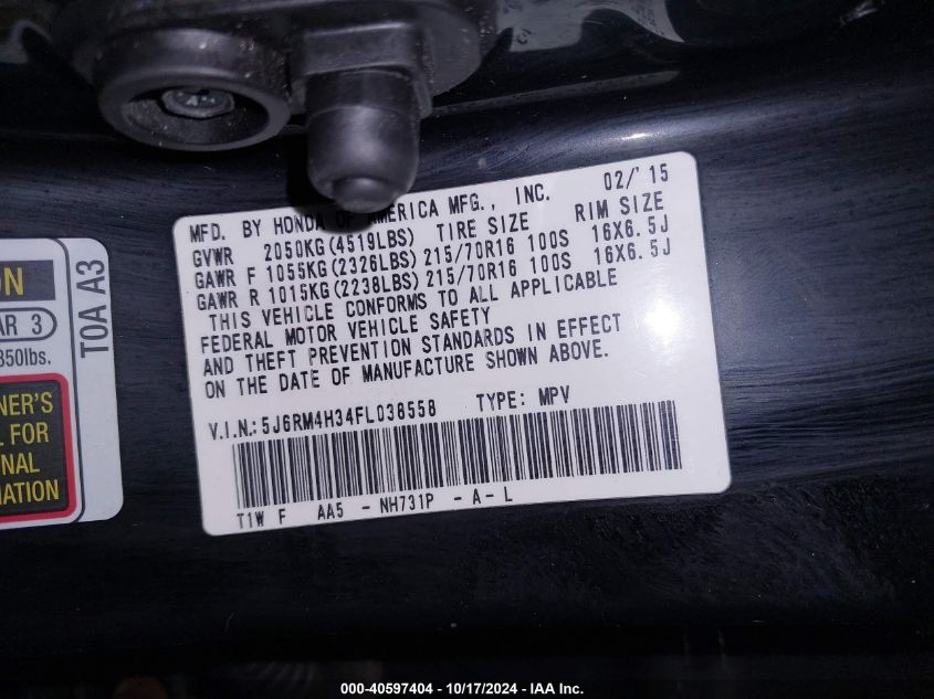 2015 Honda Cr-V Lx VIN: 5J6RM4H34FL038558 Lot: 40597404