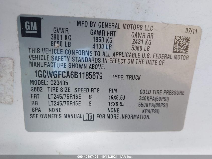 2011 Chevrolet Express 2500 Work Van VIN: 1GCWGFCA6B1185679 Lot: 40597409