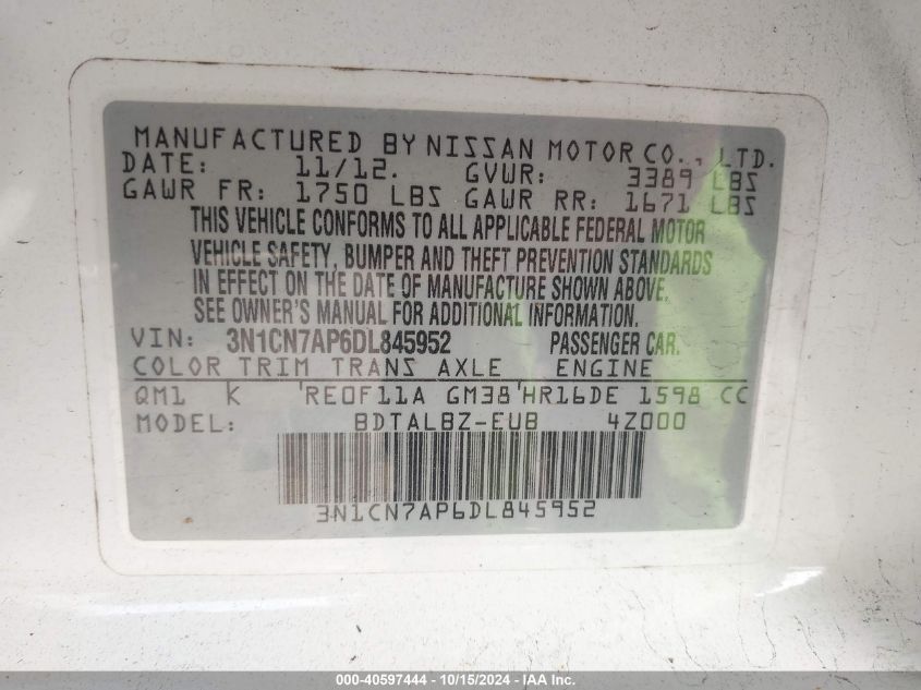 2013 NISSAN VERSA 1.6 SV - 3N1CN7AP6DL845952