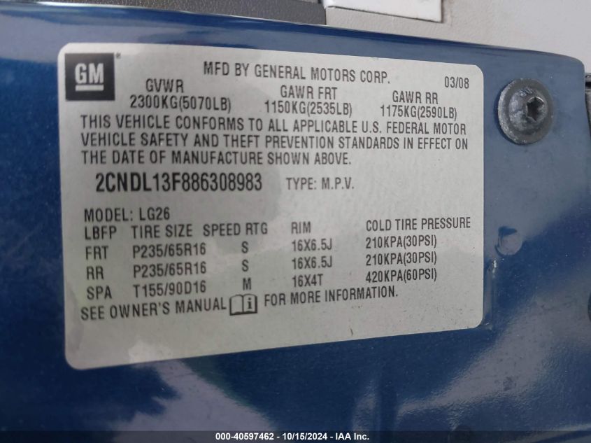 2008 Chevrolet Equinox Ls VIN: 2CNDL13F886308983 Lot: 40597462