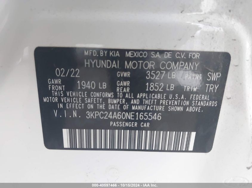 2022 Hyundai Accent Se VIN: 3KPC24A60NE165546 Lot: 40597466