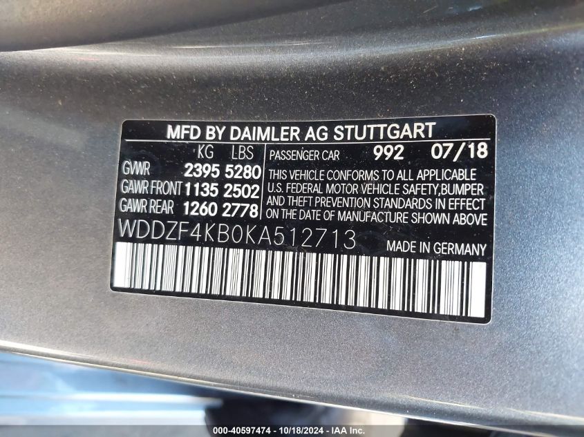 2019 Mercedes-Benz E 300 4Matic VIN: WDDZF4KB0KA512713 Lot: 40597474