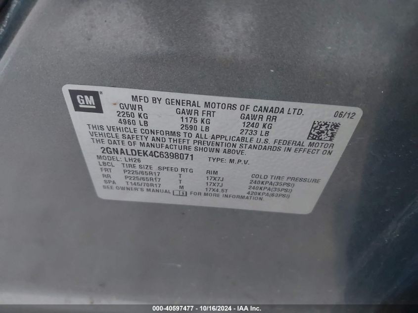 2012 Chevrolet Equinox 1Lt VIN: 2GNALDEK4C6398071 Lot: 40597477