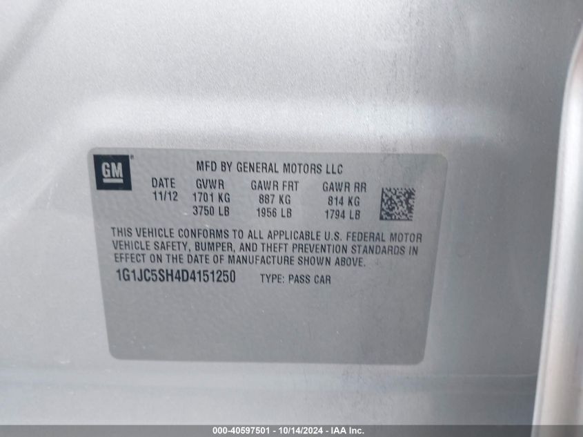 2013 Chevrolet Sonic Lt VIN: 1G1JC5SH4D4151250 Lot: 40597501