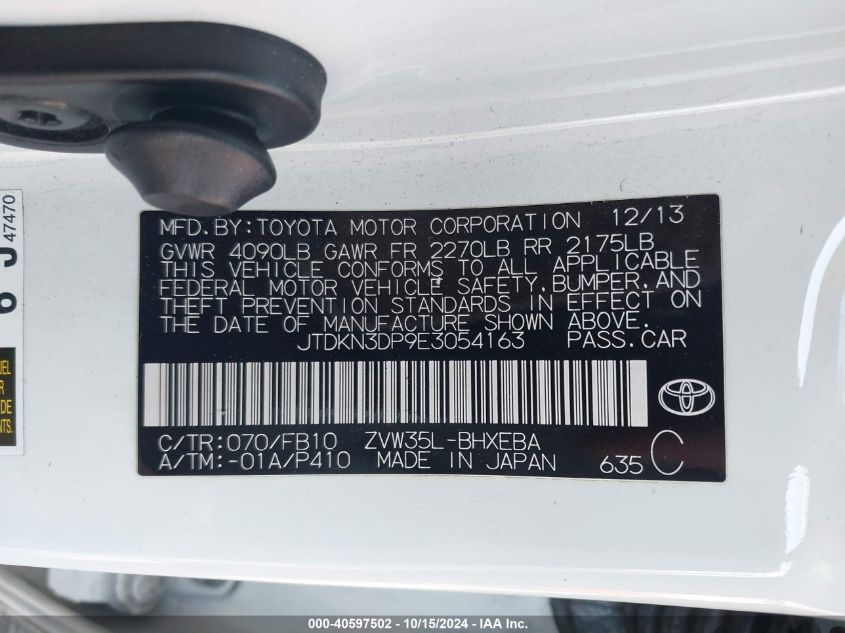 2014 Toyota Prius Plug-In VIN: JTDKN3DP9E3054163 Lot: 40597502