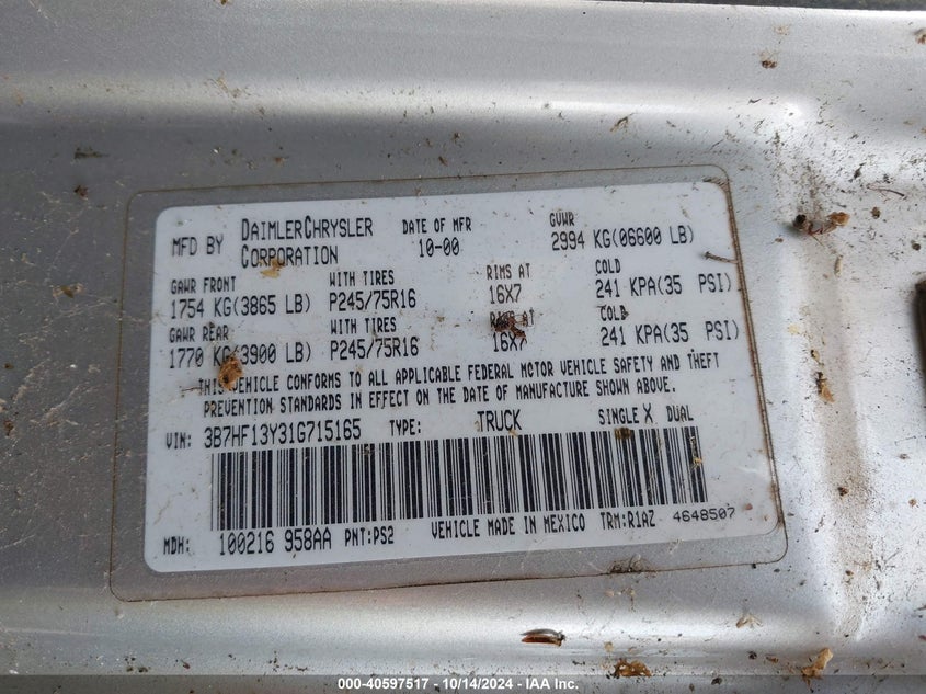 2001 Dodge Ram 1500 St VIN: 3B7HF13Y31G715165 Lot: 40597517