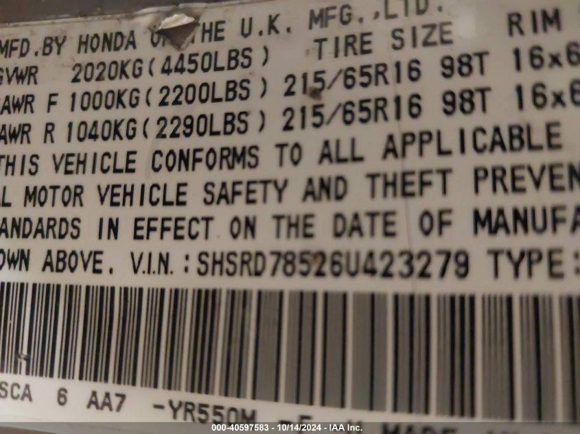 2006 Honda Cr-V Lx VIN: SHSRD78526U423279 Lot: 40597583