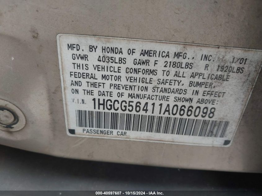 2001 Honda Accord 2.3 Lx VIN: 1HGCG56411A066098 Lot: 40597607