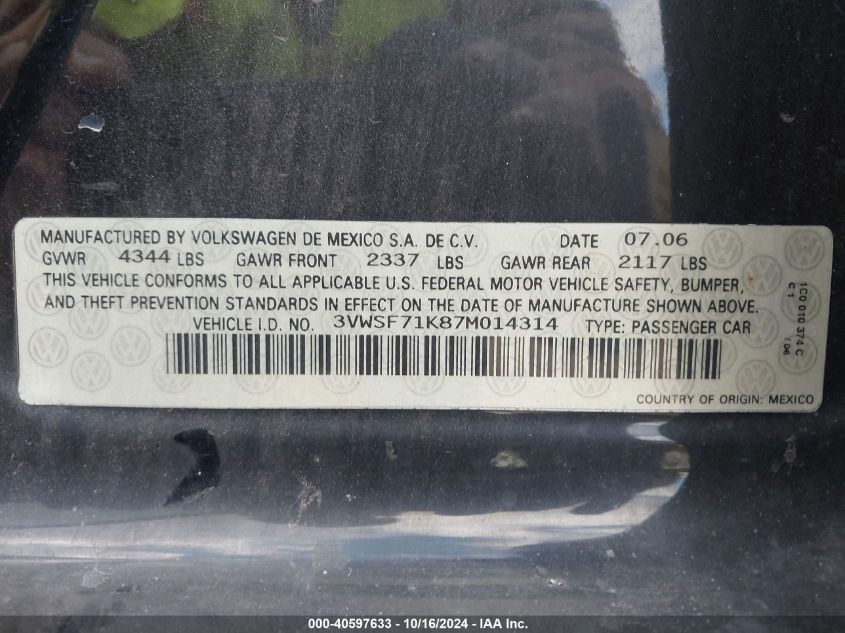 2007 Volkswagen Jetta 2.5 VIN: 3VWSF71K87M014314 Lot: 40597633