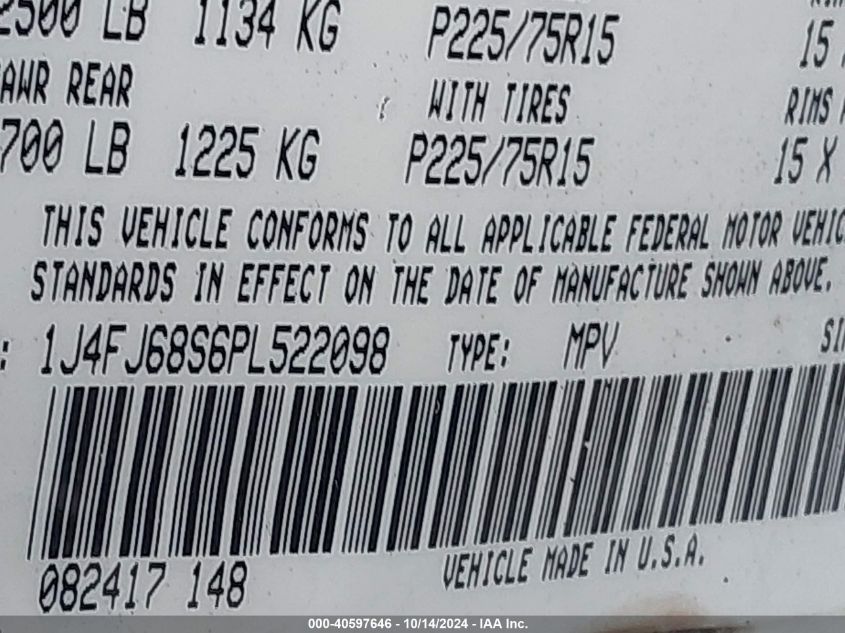 1993 Jeep Cherokee Sport VIN: 1J4FJ68S6PL522098 Lot: 40597646