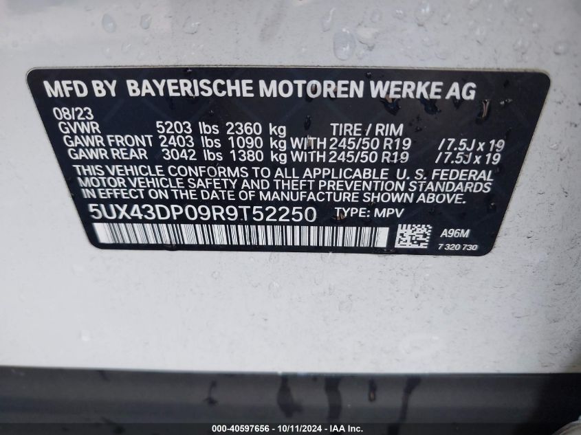 2024 BMW X3 Sdrive30I VIN: 5UX43DP09R9T52250 Lot: 40597656