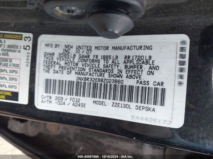 2008 Toyota Corolla S VIN: 1NXBR32E88Z023860 Lot: 40597666