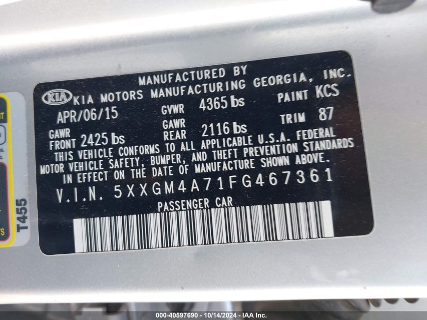2015 Kia Optima Lx VIN: 5XXGM4A71FG467361 Lot: 40597690