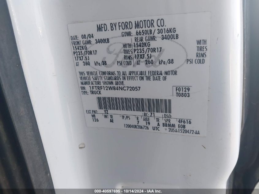 2004 Ford F-150 Stx/Xl/Xlt VIN: 1FTRF12W84NC72057 Lot: 40597695